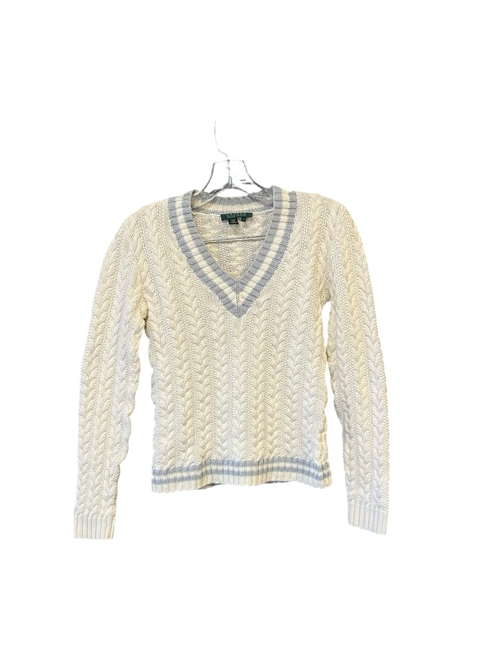 Lauren Ralph Lauren Cable Knit Cricket Sweater Women’s S Ivory Blue V Neck